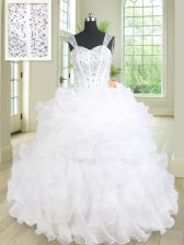 Gorgeous Straps White Lace Up Quinceanera Dresses Beading and Ruffles Sleeveless Floor Length