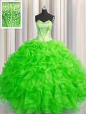 Trendy Visible Boning Beaded Bodice Floor Length Lace Up Quinceanera Dress for Military Ball and Sweet 16 and Quinceanera with Beading and Ruffles
