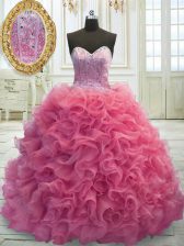 Cute Mini Length Ball Gowns Sleeveless Rose Pink 15 Quinceanera Dress Sweep Train Lace Up