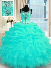  Sleeveless Organza Floor Length Zipper Quinceanera Dresses in Turquoise with Beading and Ruffles