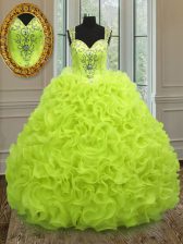 Smart Yellow Green Straps Zipper Beading and Ruffles 15th Birthday Dress Sleeveless