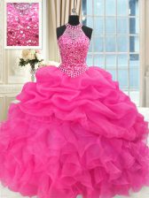 New Style See Through Beaded Bodice High-neck Sleeveless Lace Up Quince Ball Gowns Hot Pink Organza
