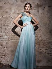 Decent Light Blue Chiffon Side Zipper One Shoulder Sleeveless Floor Length Prom Evening Gown Beading and Ruching