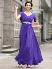 Custom Fit V-neck Cap Sleeves Chiffon Prom Dresses Beading and Appliques and Ruching Zipper