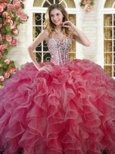  Sleeveless Floor Length Beading and Ruffles Lace Up 15 Quinceanera Dress with Coral Red