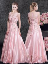 Lovely Baby Pink Empire Scoop Cap Sleeves Organza Floor Length Zipper Appliques Prom Gown