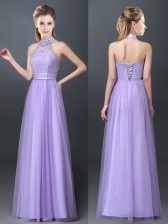 Latest Halter Top Sleeveless Lace and Appliques Lace Up Quinceanera Court Dresses
