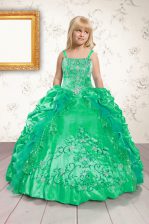 Top Selling Floor Length Green Party Dress for Girls Satin Sleeveless Beading and Appliques and Pick Ups