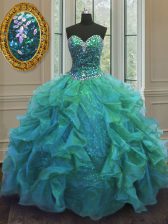  Ball Gowns 15 Quinceanera Dress Turquoise Sweetheart Organza and Sequined Sleeveless Floor Length Lace Up