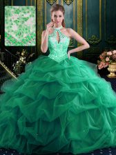  Halter Top Pick Ups Floor Length Ball Gowns Sleeveless Dark Green Sweet 16 Quinceanera Dress Lace Up
