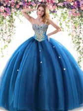 Stunning Blue Ball Gowns Beading Quinceanera Gown Lace Up Tulle Sleeveless Floor Length