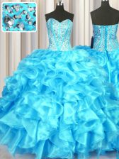 Custom Fit Aqua Blue Ball Gowns Sweetheart Sleeveless Organza Floor Length Lace Up Beading and Ruffles Quinceanera Gowns