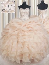 Top Selling Champagne Sweetheart Lace Up Beading and Ruffles and Pick Ups Ball Gown Prom Dress Sleeveless