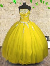  Yellow Lace Up Ball Gown Prom Dress Appliques and Ruching Sleeveless Floor Length