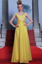 Great Scalloped Pleated Floor Length Ball Gowns Short Sleeves Yellow Evening Dress Side Zipper