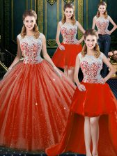 Popular Four Piece Orange Red Quinceanera Dress Military Ball and Sweet 16 and Quinceanera with Beading and Lace High-neck Sleeveless Zipper
