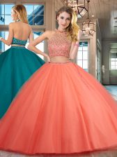 Smart Halter Top Sleeveless Tulle Floor Length Backless Sweet 16 Quinceanera Dress in Orange Red with Beading