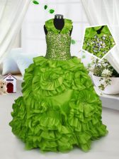  Olive Green Taffeta Zipper Halter Top Sleeveless Floor Length Little Girls Pageant Gowns Beading and Ruffles