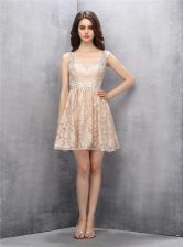 Champagne A-line Straps Sleeveless Lace Knee Length Backless Beading Evening Dress