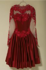  Wine Red A-line Scoop Long Sleeves Satin Knee Length Zipper Appliques Prom Gown