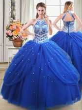 Superior Royal Blue Halter Top Lace Up Beading and Pick Ups Quinceanera Gowns Sleeveless