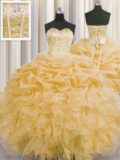 Custom Design Pick Ups Visible Boning Floor Length Gold Sweet 16 Dresses Sweetheart Sleeveless Lace Up