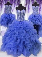  Four Piece Sweetheart Sleeveless 15 Quinceanera Dress Floor Length Ruffles and Sequins Royal Blue Organza