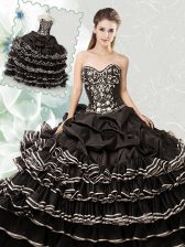 Fashionable Pick Ups Ruffled Floor Length Black Quinceanera Gowns Sweetheart Sleeveless Lace Up
