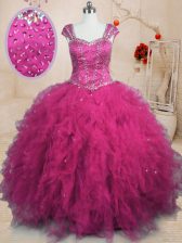  Square Cap Sleeves Tulle Sweet 16 Dresses Beading and Ruffles Lace Up