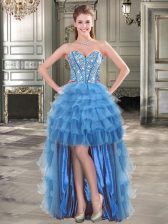 Pretty Ruffled A-line Homecoming Dress Blue Sweetheart Organza Sleeveless High Low Lace Up
