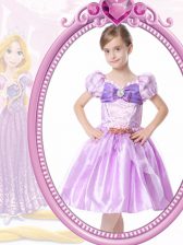 Fashion Lilac A-line Beading and Bowknot Flower Girl Dress Clasp Handle Organza Short Sleeves Knee Length