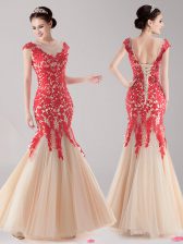 Hot Selling Mermaid Scoop Red and Champagne Cap Sleeves Tulle Lace Up Prom Dresses for Prom