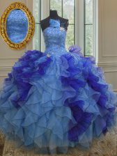 Most Popular Strapless Sleeveless Quinceanera Dress Floor Length Beading and Ruffles Multi-color Organza