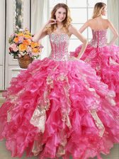 Edgy Floor Length Lace Up 15th Birthday Dress Hot Pink for Military Ball and Sweet 16 and Quinceanera with Beading and Ruffles and Sequins