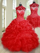 Hot Sale Three Piece Red Ball Gowns High-neck Sleeveless Organza Floor Length Lace Up Beading and Ruffles and Pick Ups Quinceanera Gowns