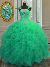  Straps Cap Sleeves Lace Up Floor Length Beading and Ruffles and Sequins Quinceanera Gowns