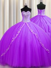 Shining Purple Quinceanera Gowns Sweetheart Sleeveless Sweep Train Lace Up