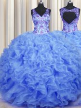  V Neck Blue Ball Gowns Beading and Appliques and Ruffles Ball Gown Prom Dress Zipper Organza Sleeveless Floor Length