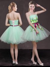 High Class A-line Prom Dresses Apple Green Strapless Organza Sleeveless Mini Length Lace Up