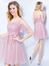 Exceptional One Shoulder Mini Length Lace Up Dama Dress Pink for Prom and Party and Wedding Party with Appliques and Belt
