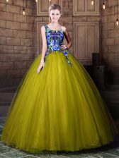 Deluxe One Shoulder Floor Length Olive Green Quinceanera Gowns Tulle Sleeveless Pattern