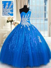 Luxurious One Shoulder Floor Length Blue 15th Birthday Dress Tulle and Sequined Sleeveless Appliques