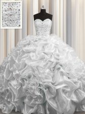  Court Train Grey Lace Up Sweetheart Beading and Pick Ups Quinceanera Dresses Organza Sleeveless