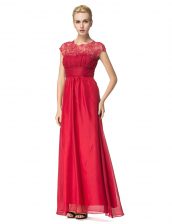  Scoop Beading and Ruching Prom Party Dress Coral Red Zipper Sleeveless Floor Length