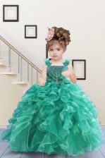  Floor Length Turquoise Little Girl Pageant Dress Organza Sleeveless Beading and Ruffles