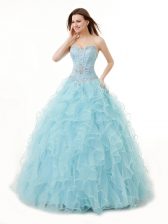  Sweetheart Sleeveless 15th Birthday Dress Floor Length Beading and Ruffles Light Blue Organza