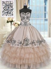  Floor Length Champagne Sweet 16 Quinceanera Dress Organza and Taffeta Sleeveless Beading and Embroidery and Ruffled Layers