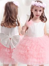  Scoop Tulle Sleeveless Knee Length Flower Girl Dresses and Ruffled Layers and Bowknot and Hand Made Flower
