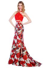 Extravagant Mermaid Halter Top Printed With Train Zipper Evening Dress Multi-color for Prom and Party with Lace and Pattern Brush Train