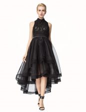  Black High-neck Zipper Lace Prom Dresses Sleeveless